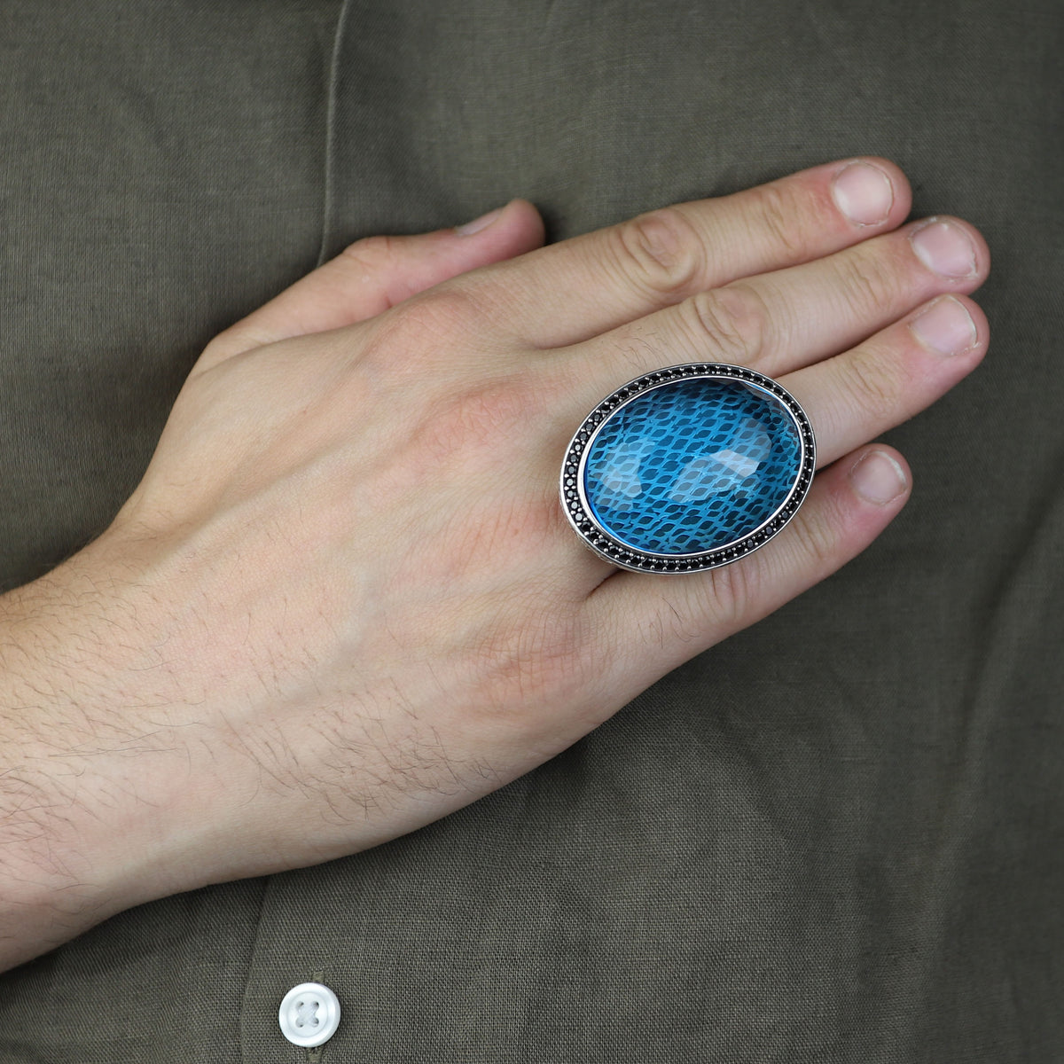 Men Silver Large Aquamarine Stone Ring,Big Man Blue Zircon Stone Ring , Ottoman Style Ring, Turkish Handmade Sterling Silver
