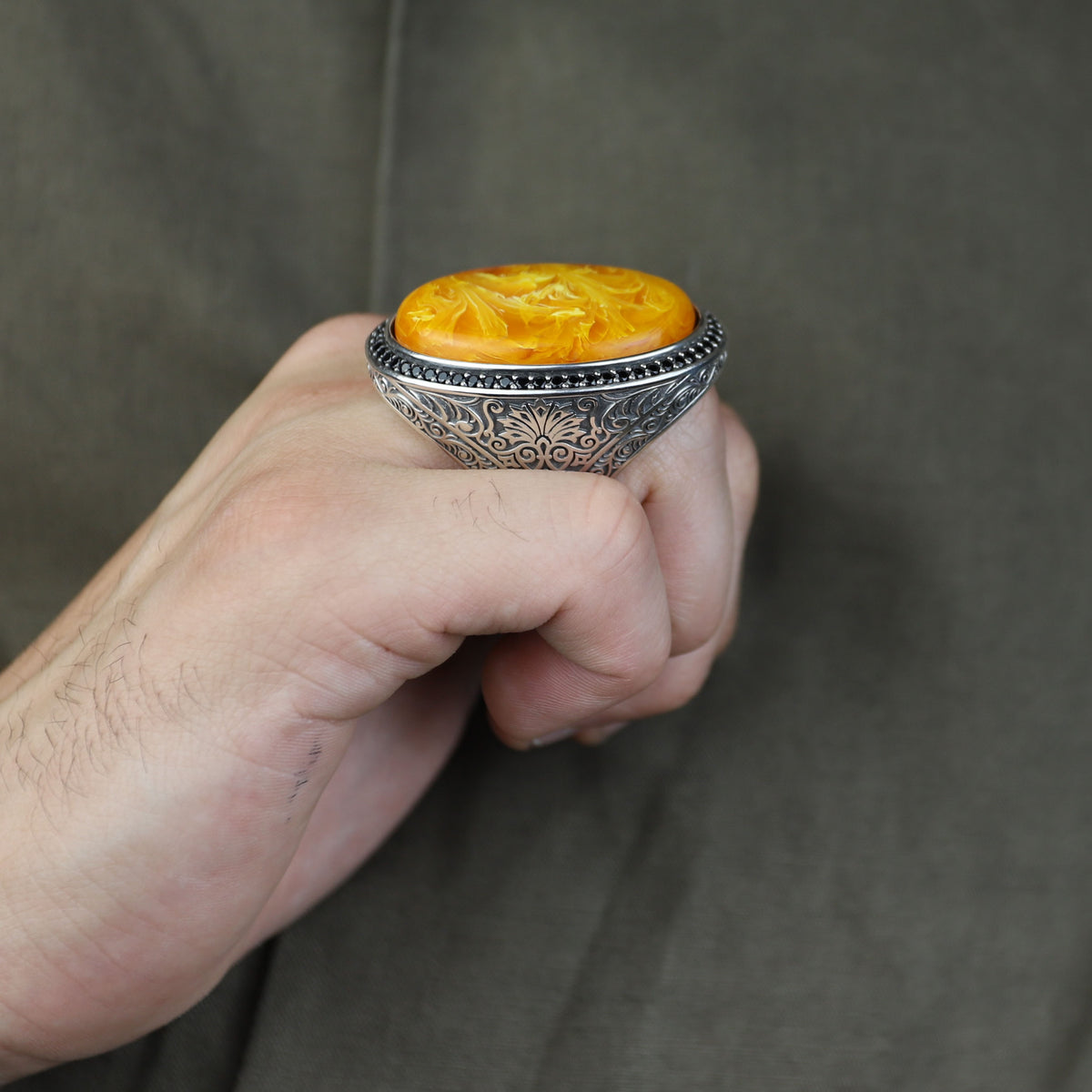 Silver Amber Ring , Baltic Amber Ring , Man Silver Large Amber Stone Ring , Ottoman Style Embroidered Men's Ring