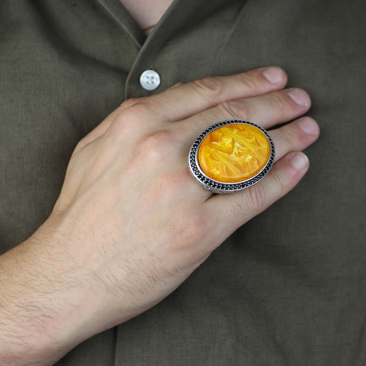 Silver Amber Ring , Baltic Amber Ring , Man Silver Large Amber Stone Ring , Ottoman Style Embroidered Men's Ring