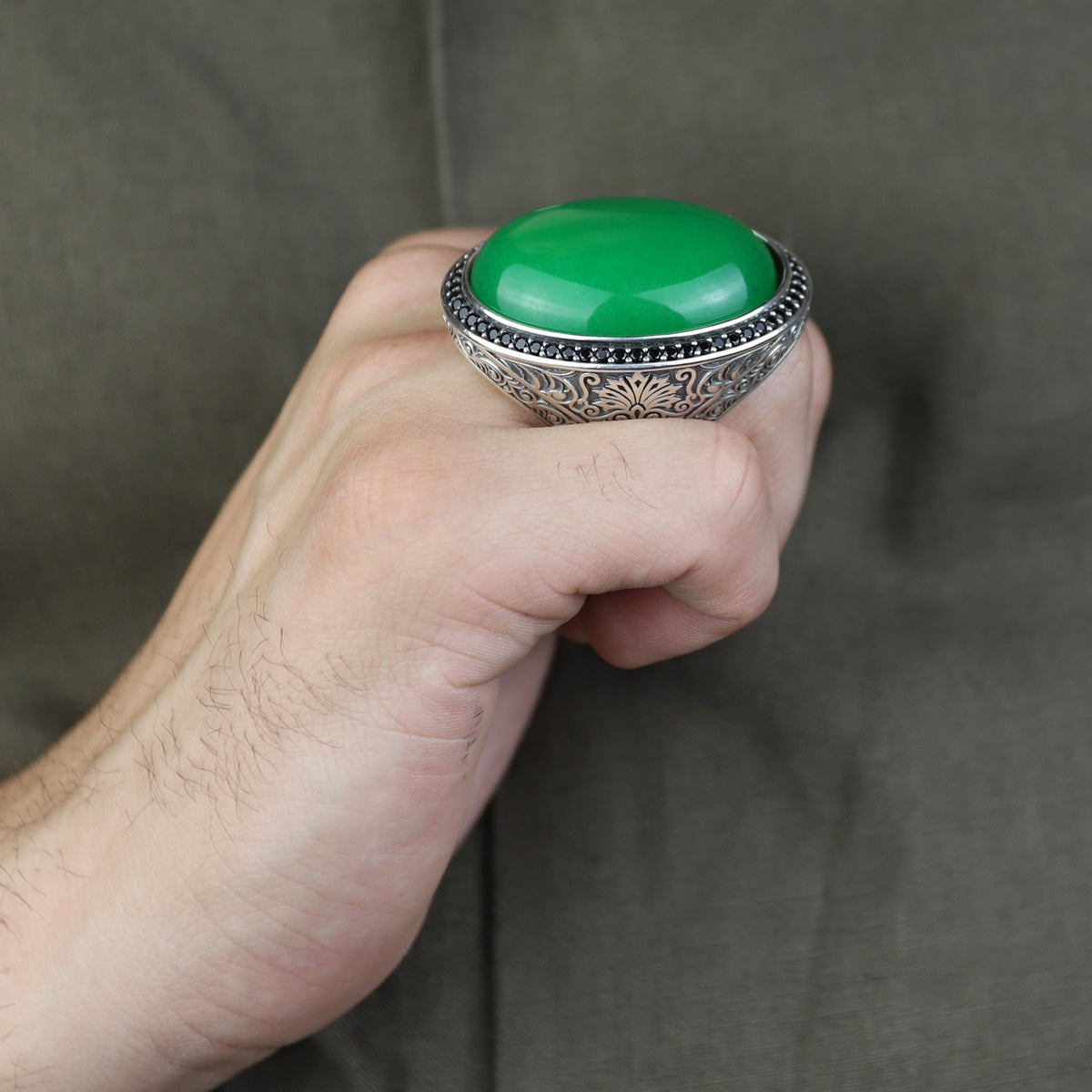925 Silver Jade Stone Ring, Large Green Jade Stone Ring, Engraved Green Jade Ring, Natural Jade Ottoman Style Ring