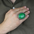 925 Silver Jade Stone Ring, Large Green Jade Stone Ring, Engraved Green Jade Ring, Natural Jade Ottoman Style Ring