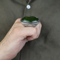 Men Silver Jade Stone Ring, Ottoman Style Engraved Large Ring, Big Silver Jade Stone Ring
