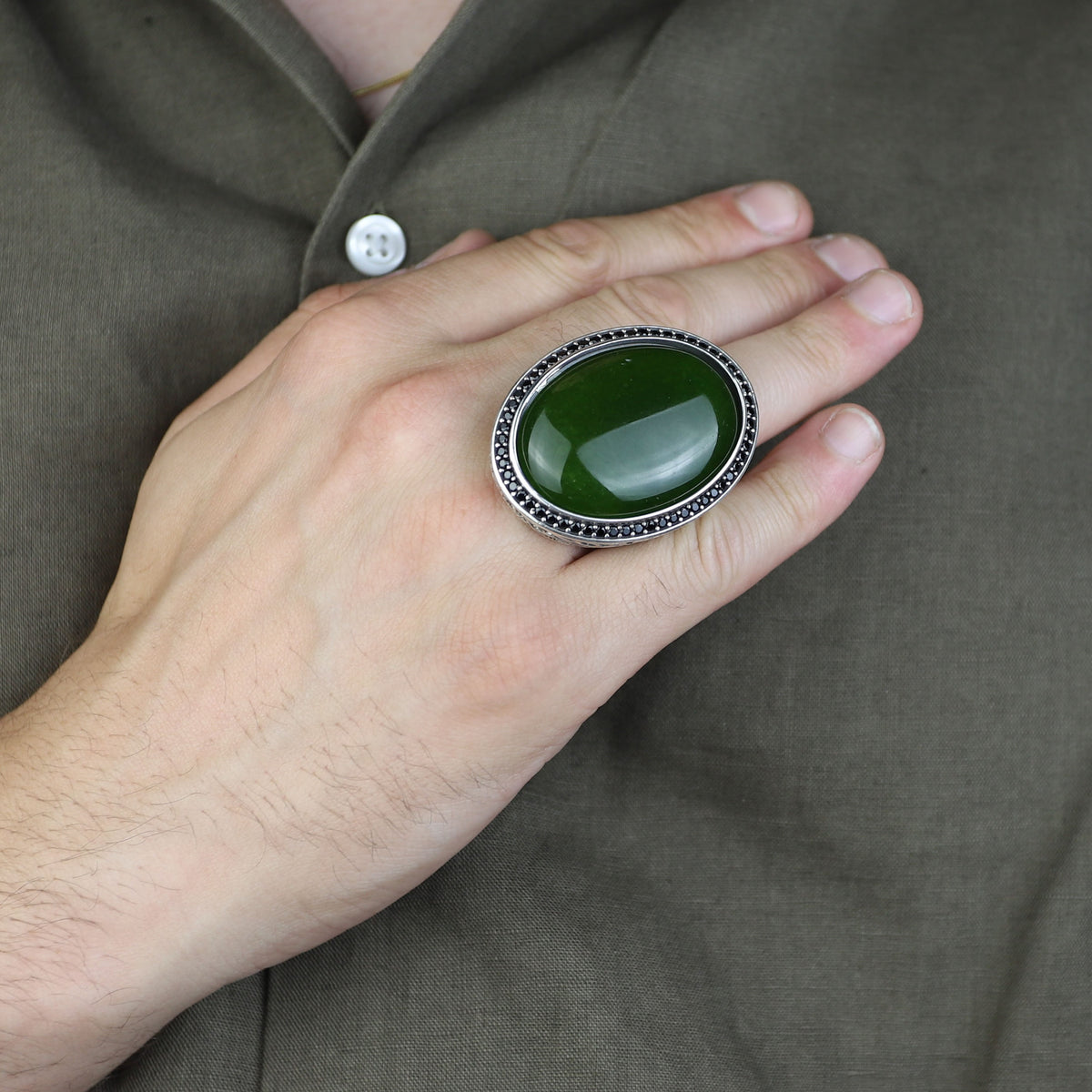 Men Silver Jade Stone Ring, Ottoman Style Engraved Large Ring, Big Silver Jade Stone Ring
