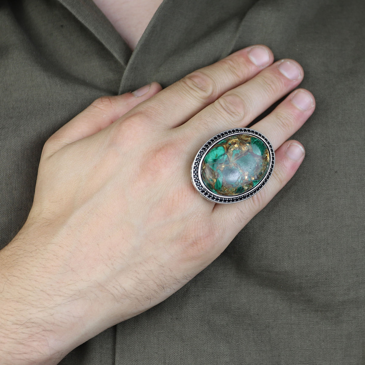 Men Silver Natural Malachite Ring, Engraved Men Large Ring, Big Green Stone Ring, Father Day Gift, 925k Sterling Silver Ring