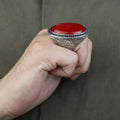 Man Red Jade Stone Ring, Engraved Jade Stone Ring, Men Ottoman Embroidered Ring, Turkish Handmade Sterling Silver Ring