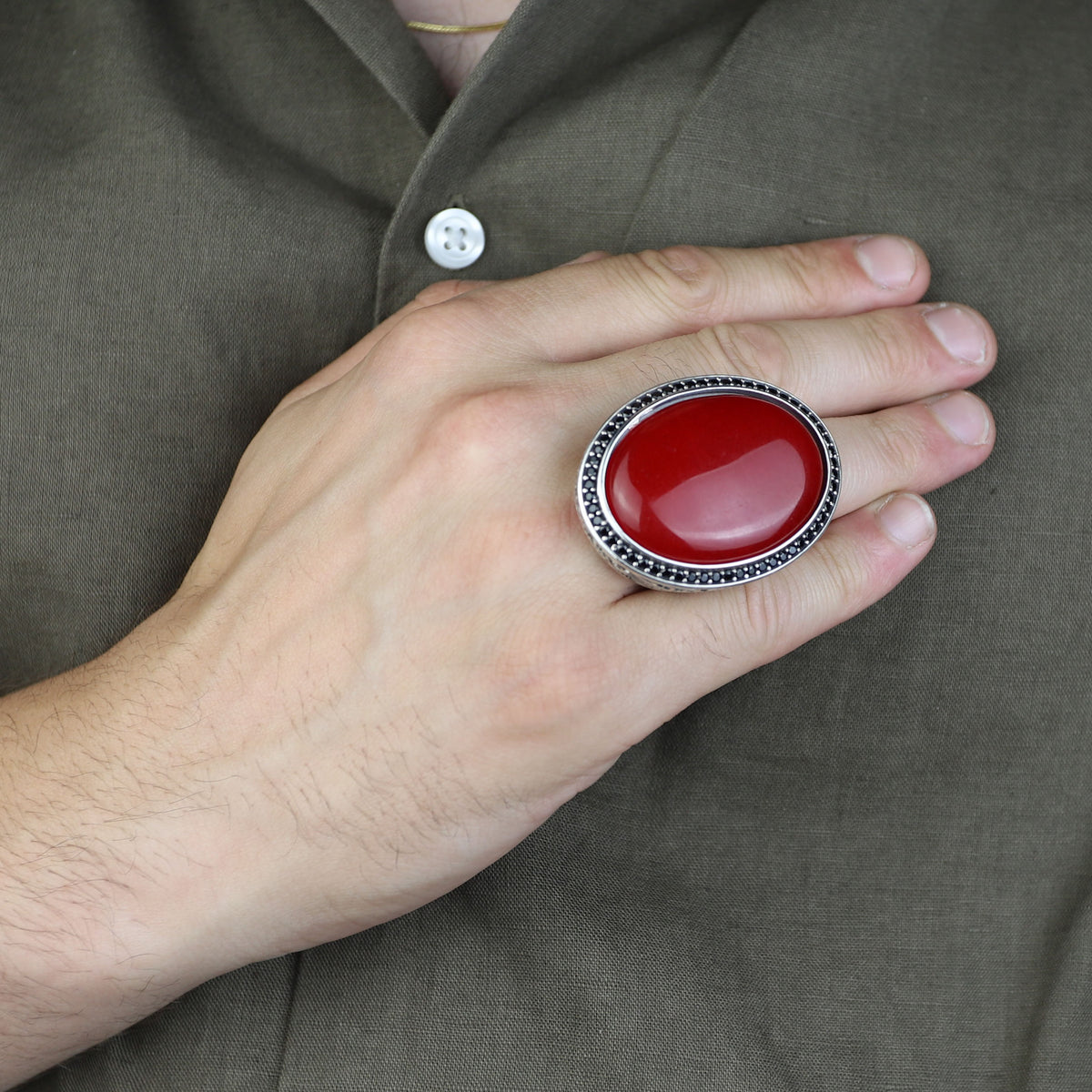 Man Red Jade Stone Ring, Engraved Jade Stone Ring, Men Ottoman Embroidered Ring, Turkish Handmade Sterling Silver Ring