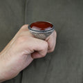 Handmade Men Silver Large Agate Ring, Red Agate Handmade Carnelian Ring, Engraved Silver Ring