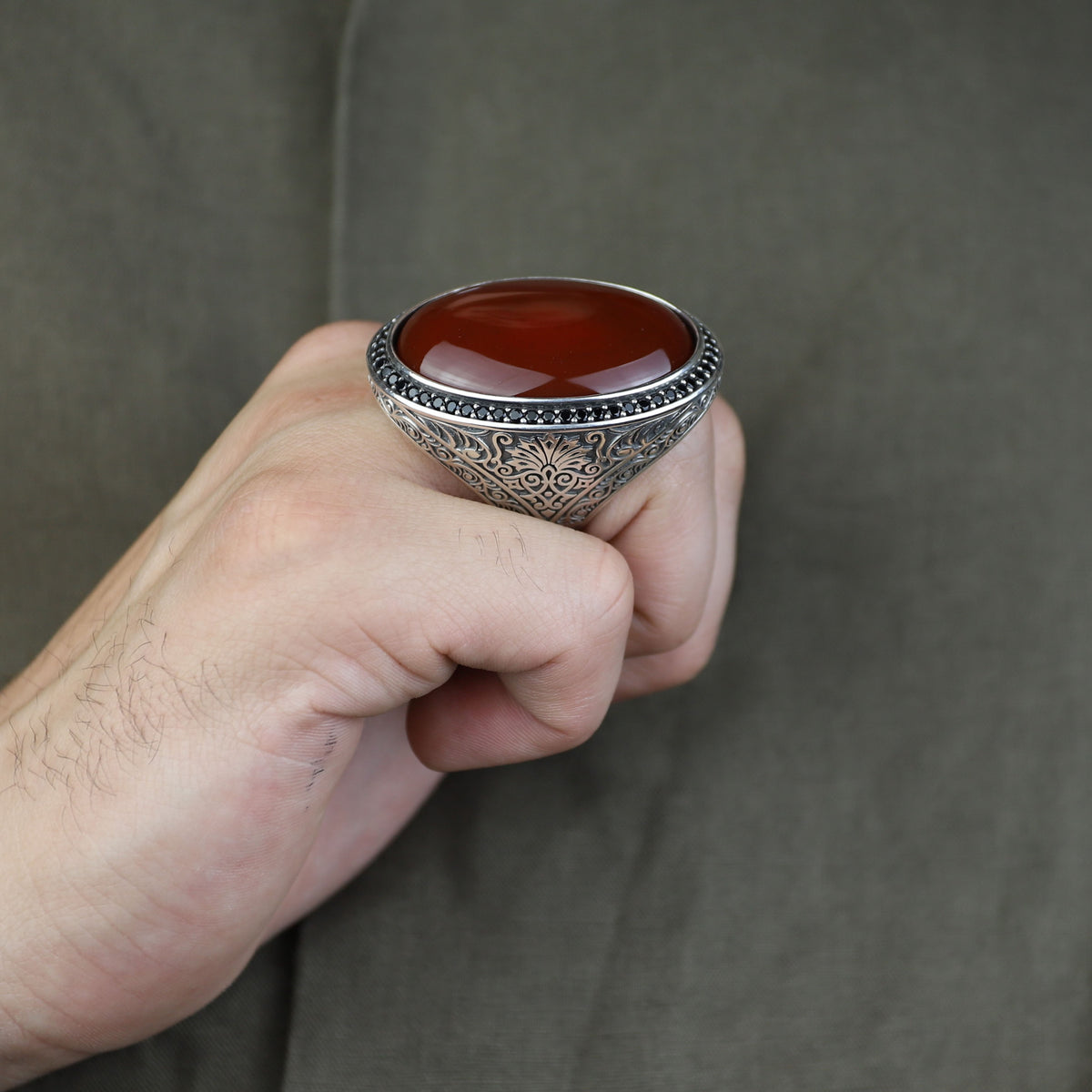 Handmade Men Silver Large Agate Ring, Red Agate Handmade Carnelian Ring, Engraved Silver Ring