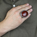 Handmade Men Silver Large Agate Ring, Red Agate Handmade Carnelian Ring, Engraved Silver Ring