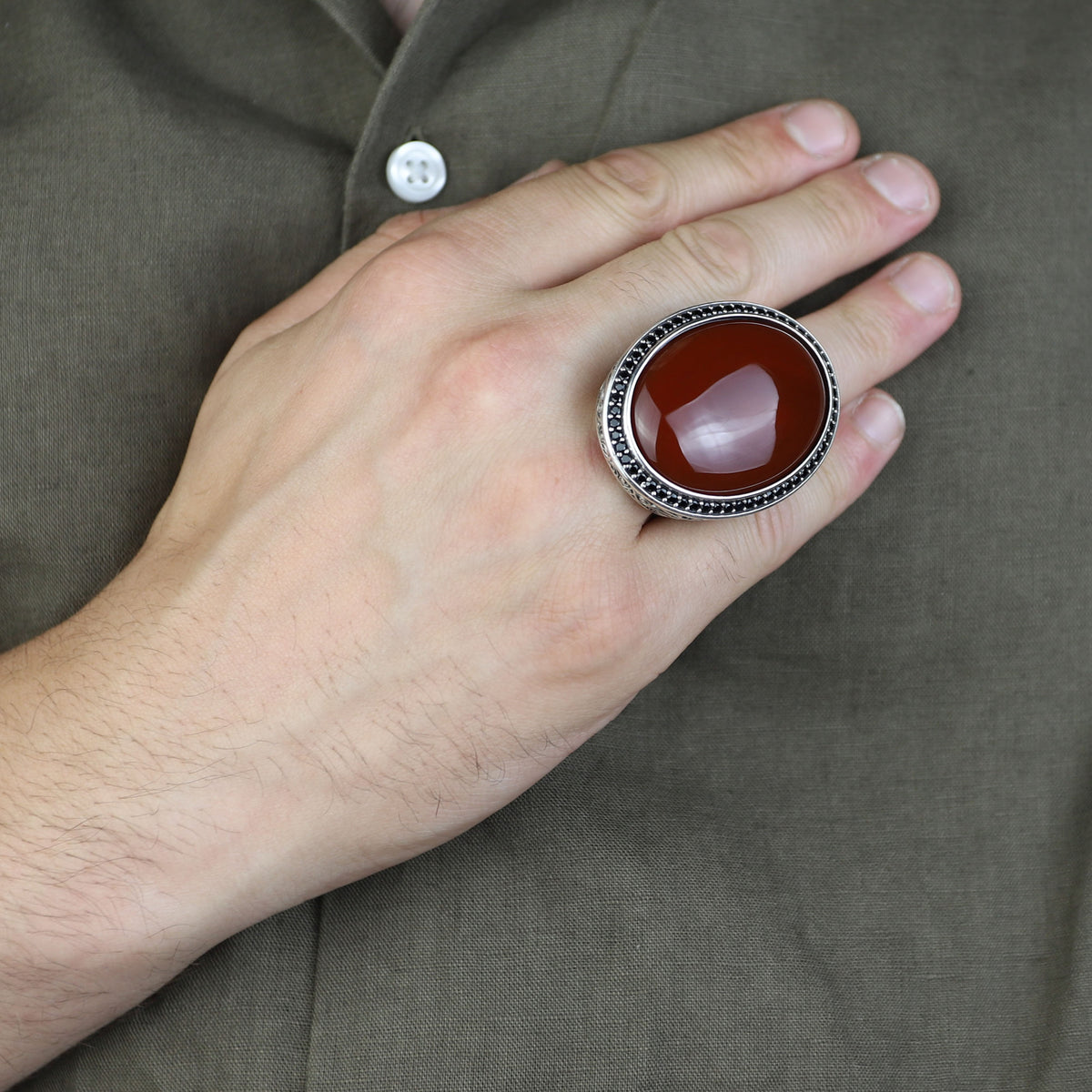 Handmade Men Silver Large Agate Ring, Red Agate Handmade Carnelian Ring, Engraved Silver Ring
