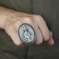925 Silver Large Sword Leon Head Ring, Onyx Stone Men Ring, Hand Engraved Leon Signet Ring, 925 Sterling Silver