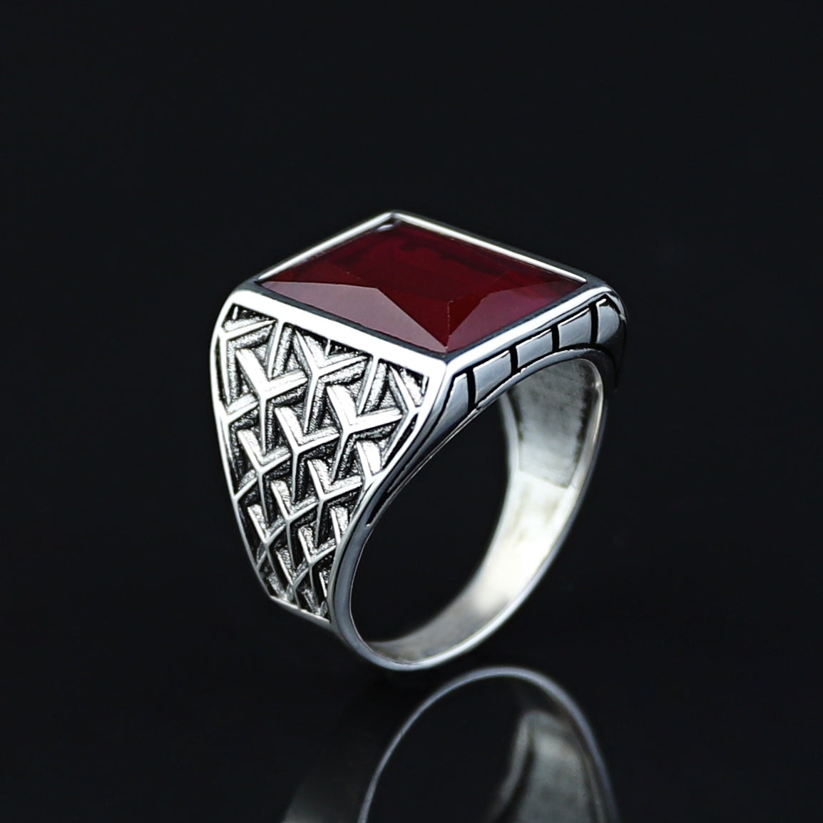 925 Sterling Silver Square Natural Ruby Gemstone Turkish Handmade Ring