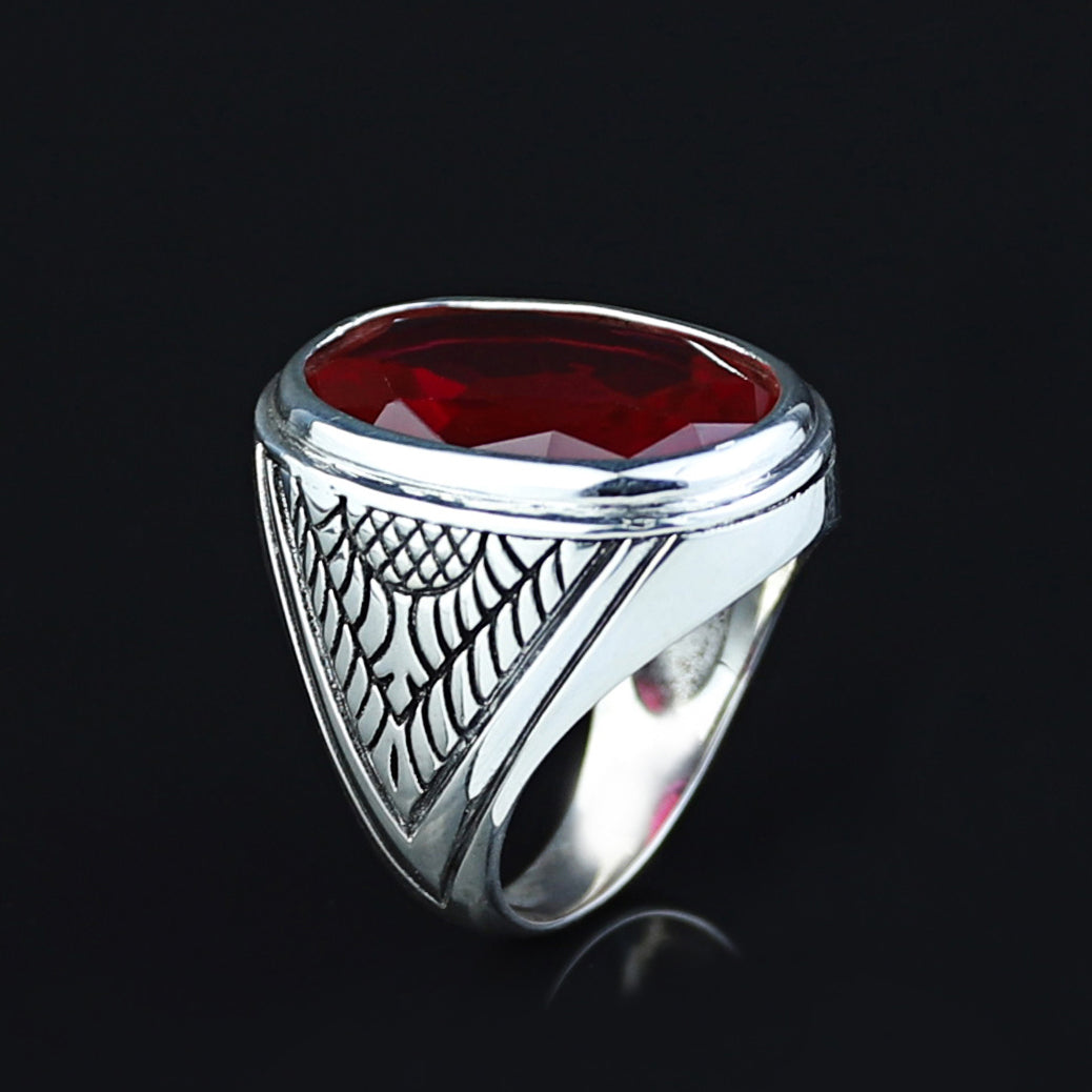 Men Handmade Large Natural Red Ruby Gemstone Silver Ring
