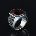 925 Men Silver Engraved Red Garnet Gemstone Ring