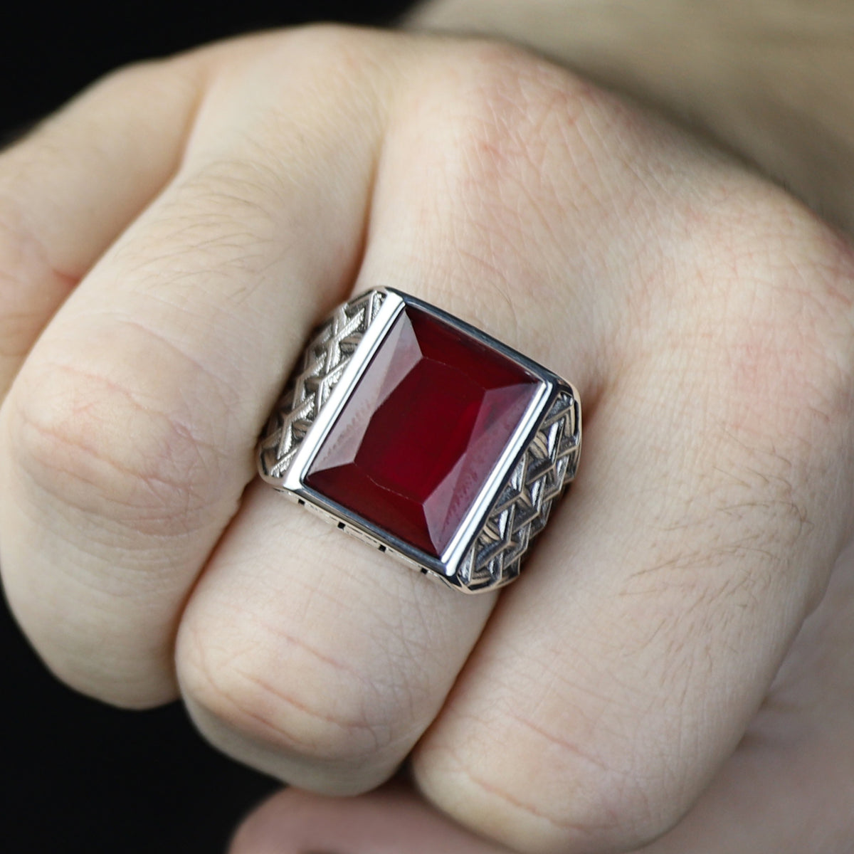 925 Sterling Silver Square Natural Ruby Gemstone Turkish Handmade Ring