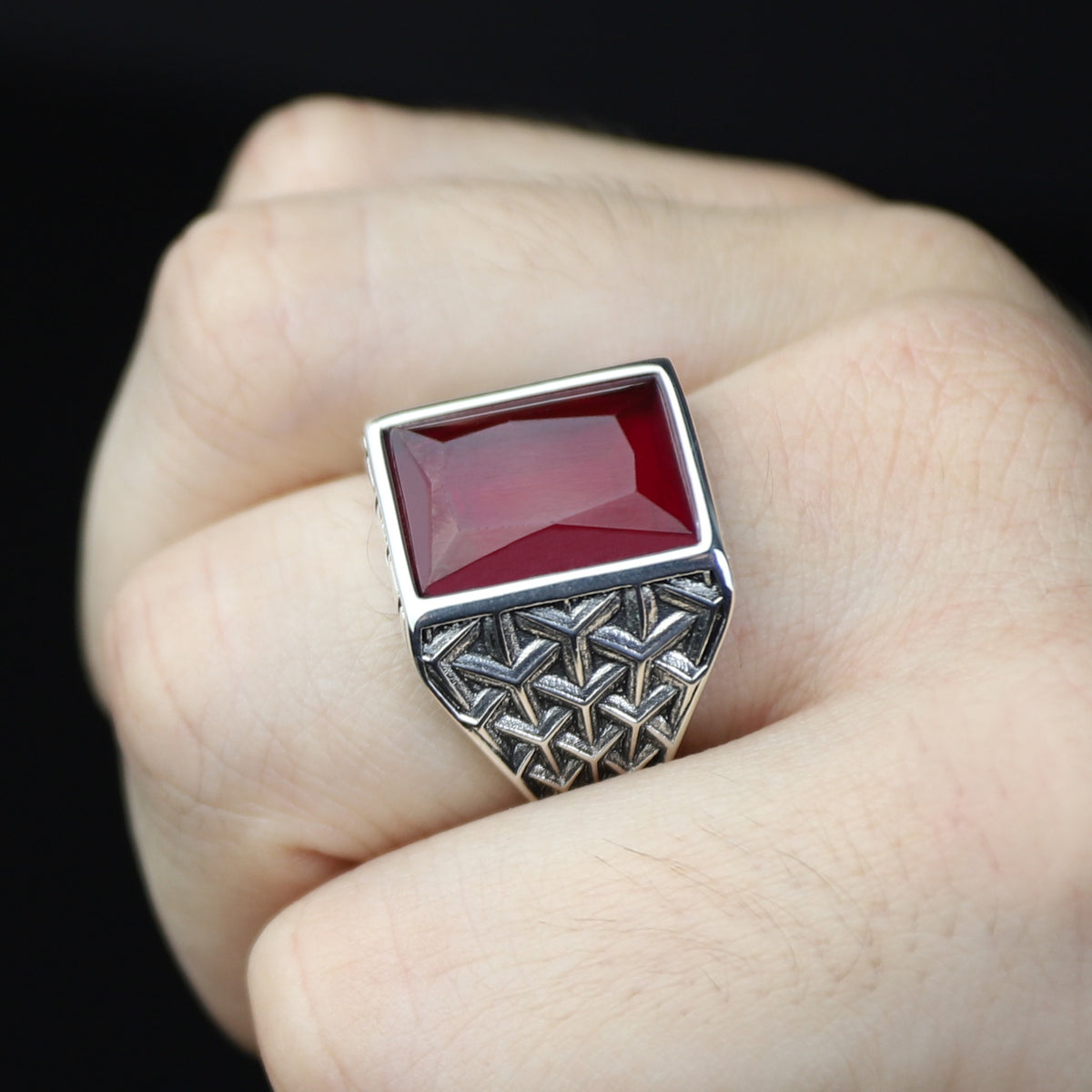 925 Sterling Silver Square Natural Ruby Gemstone Turkish Handmade Ring