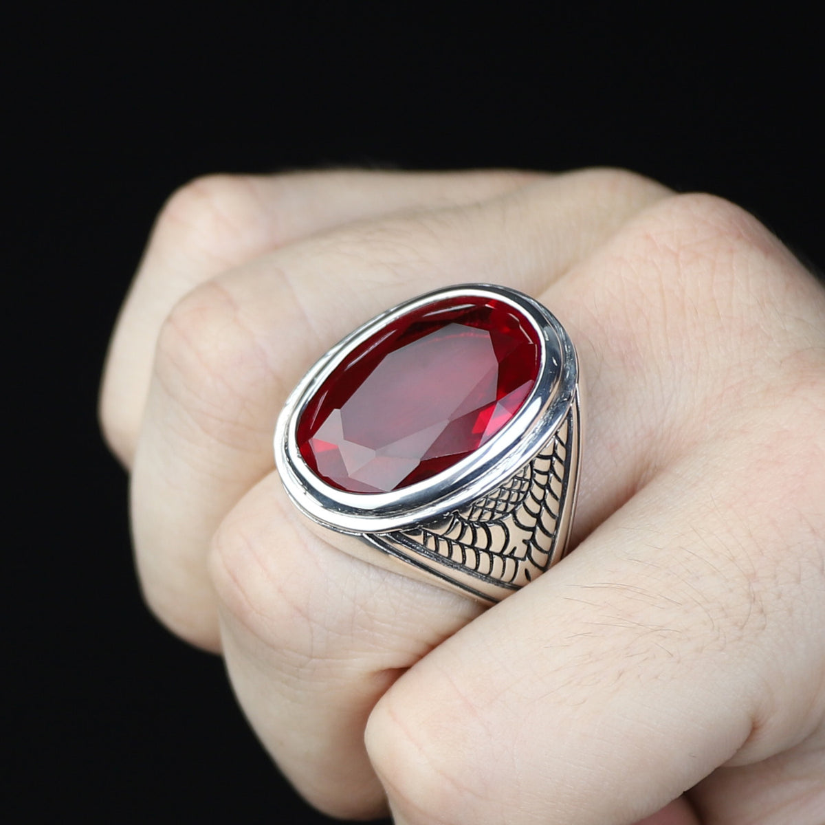 Men Handmade Large Natural Red Ruby Gemstone Silver Ring