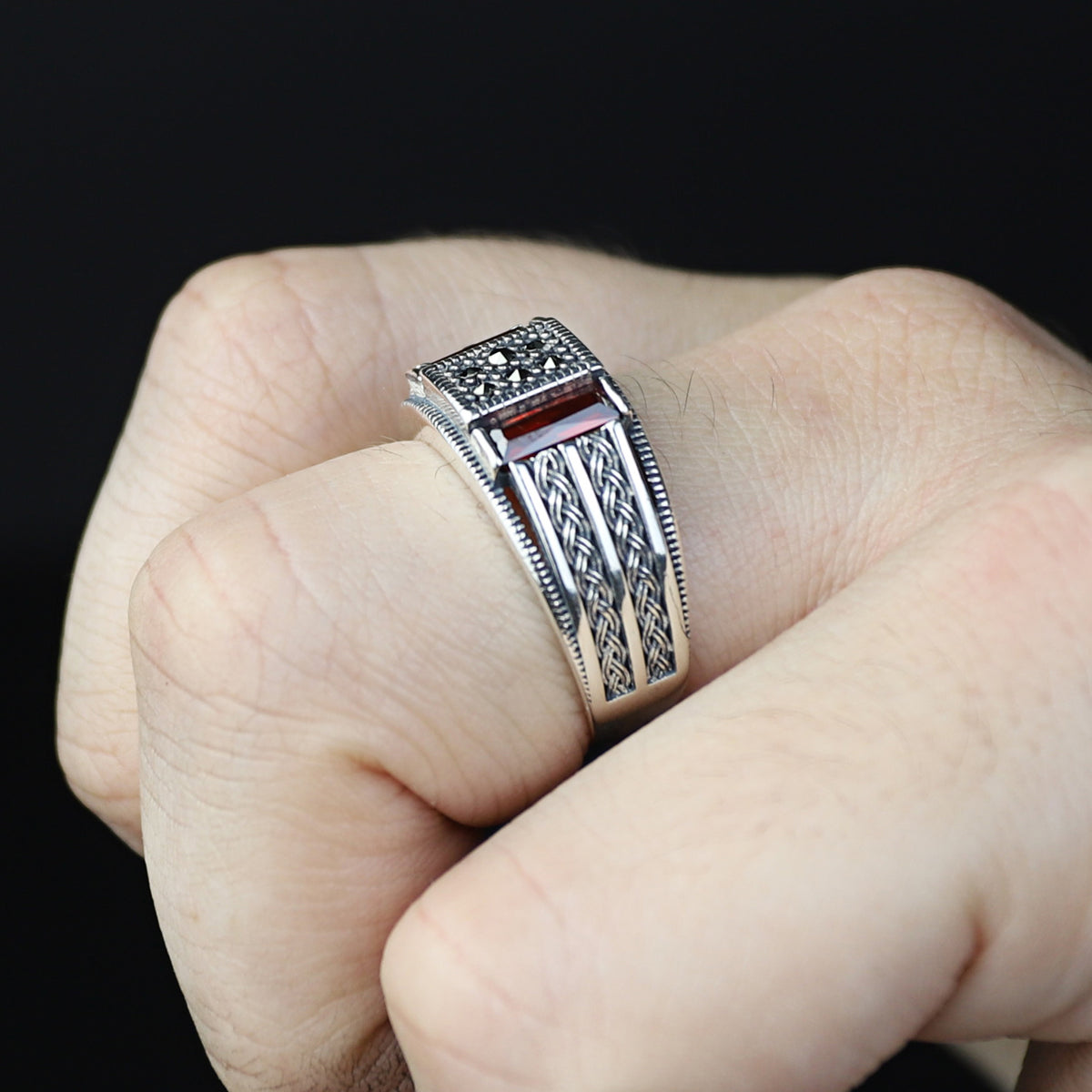 Men Handmade Minimal Red Garnet Gemstone Ring