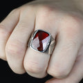 Men Handmade Silver Garnet Gemstone Square Ring