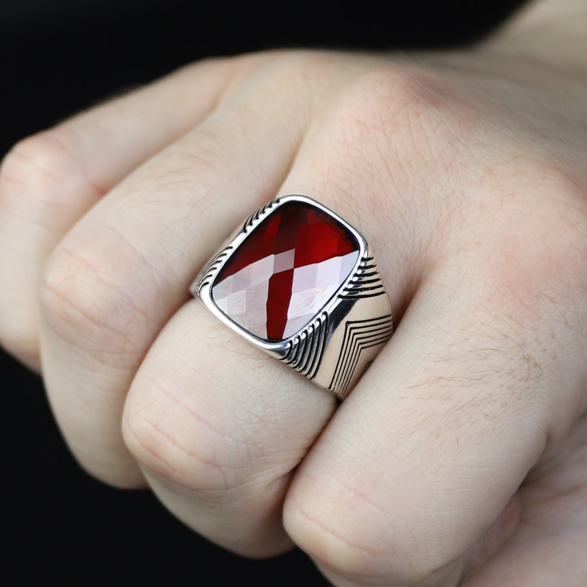 Men Handmade Silver Garnet Gemstone Square Ring