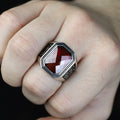 925 Men Silver Engraved Red Garnet Gemstone Ring
