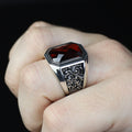 925 Men Silver Engraved Red Garnet Gemstone Ring