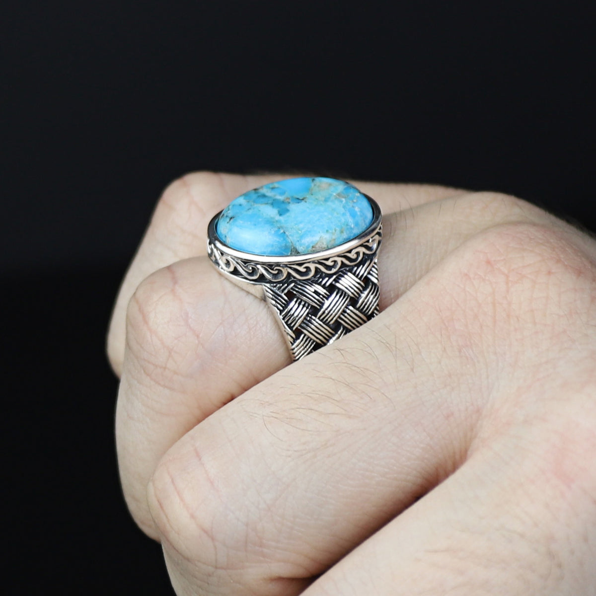 Men Handmade Knitted Natural Turquoise Gemstone Ring