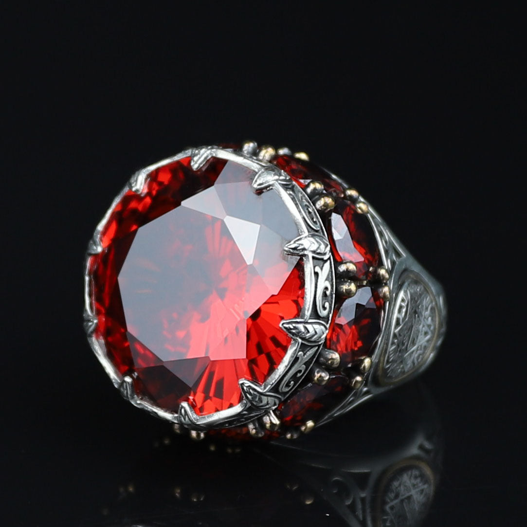 Men Silver Ruby Stone Solomon Signet Ring, King Solomon Signet Ring, 925 Sterling Silver