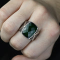 Men Handmade Engraved Green Square Gemstone Ring