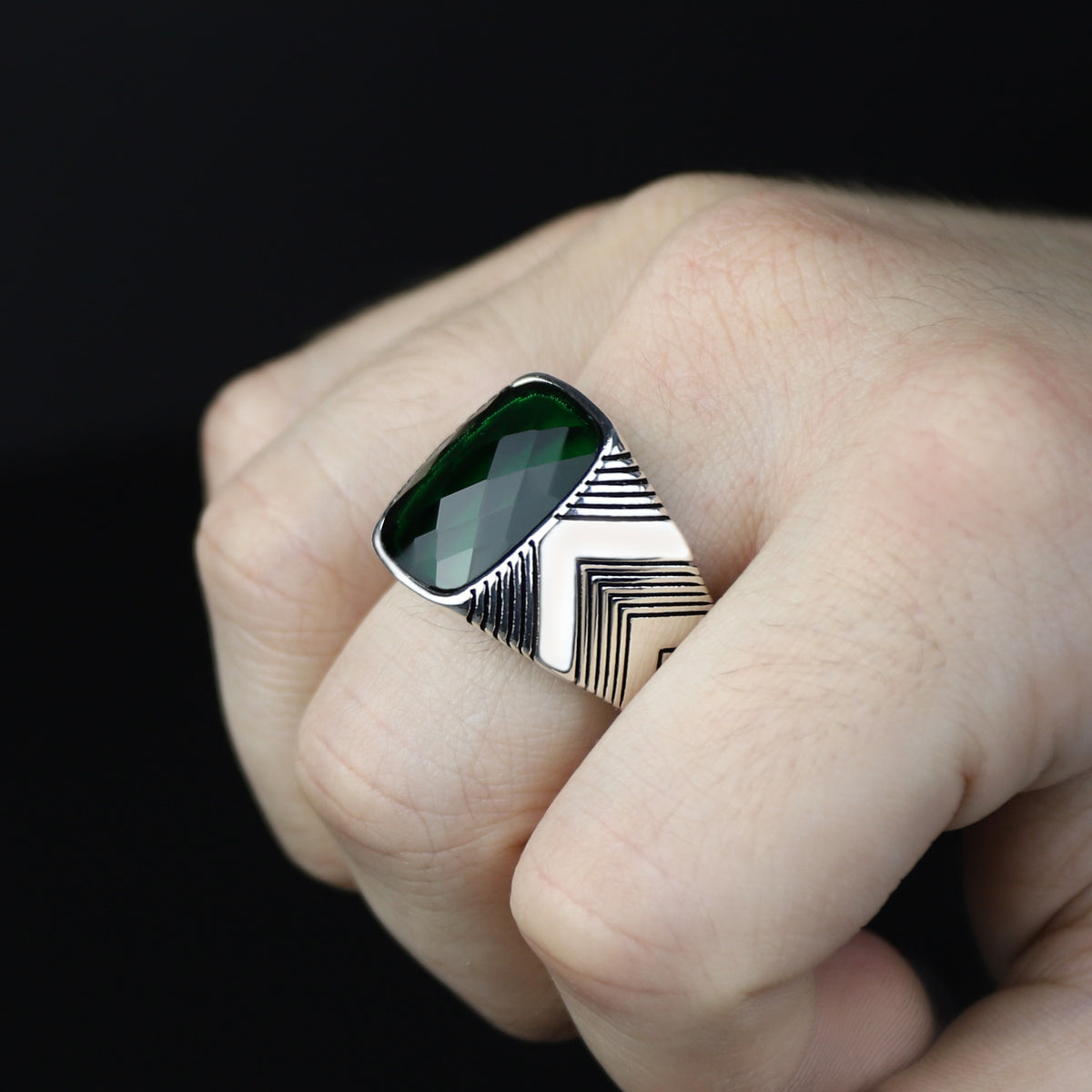 Men Handmade Engraved Green Square Gemstone Ring