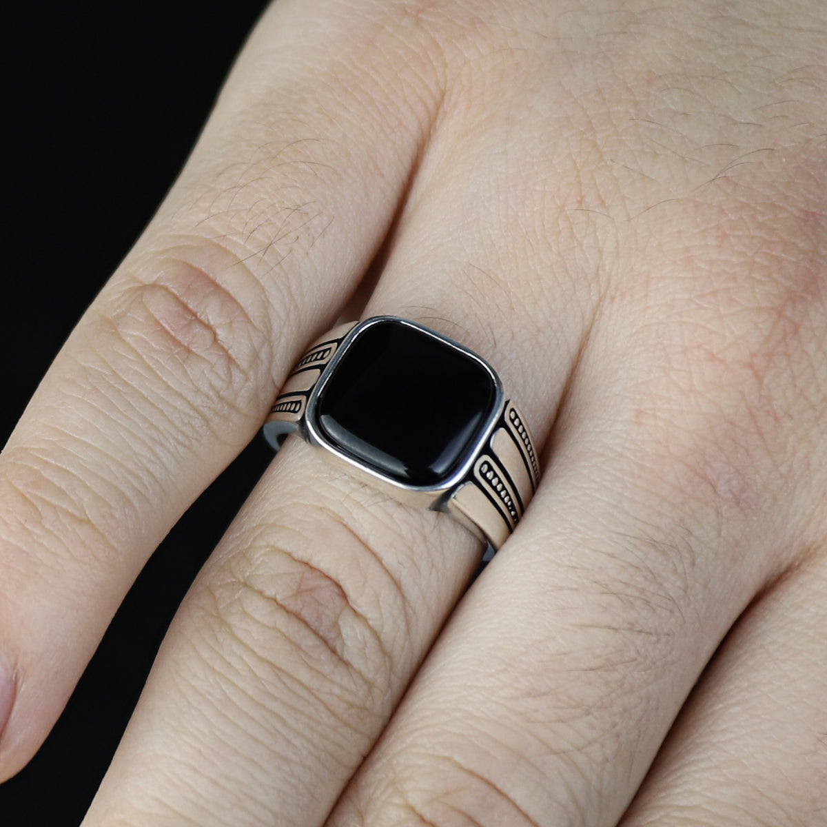 Men Handmade Minimal Square Onyx Signet Ring