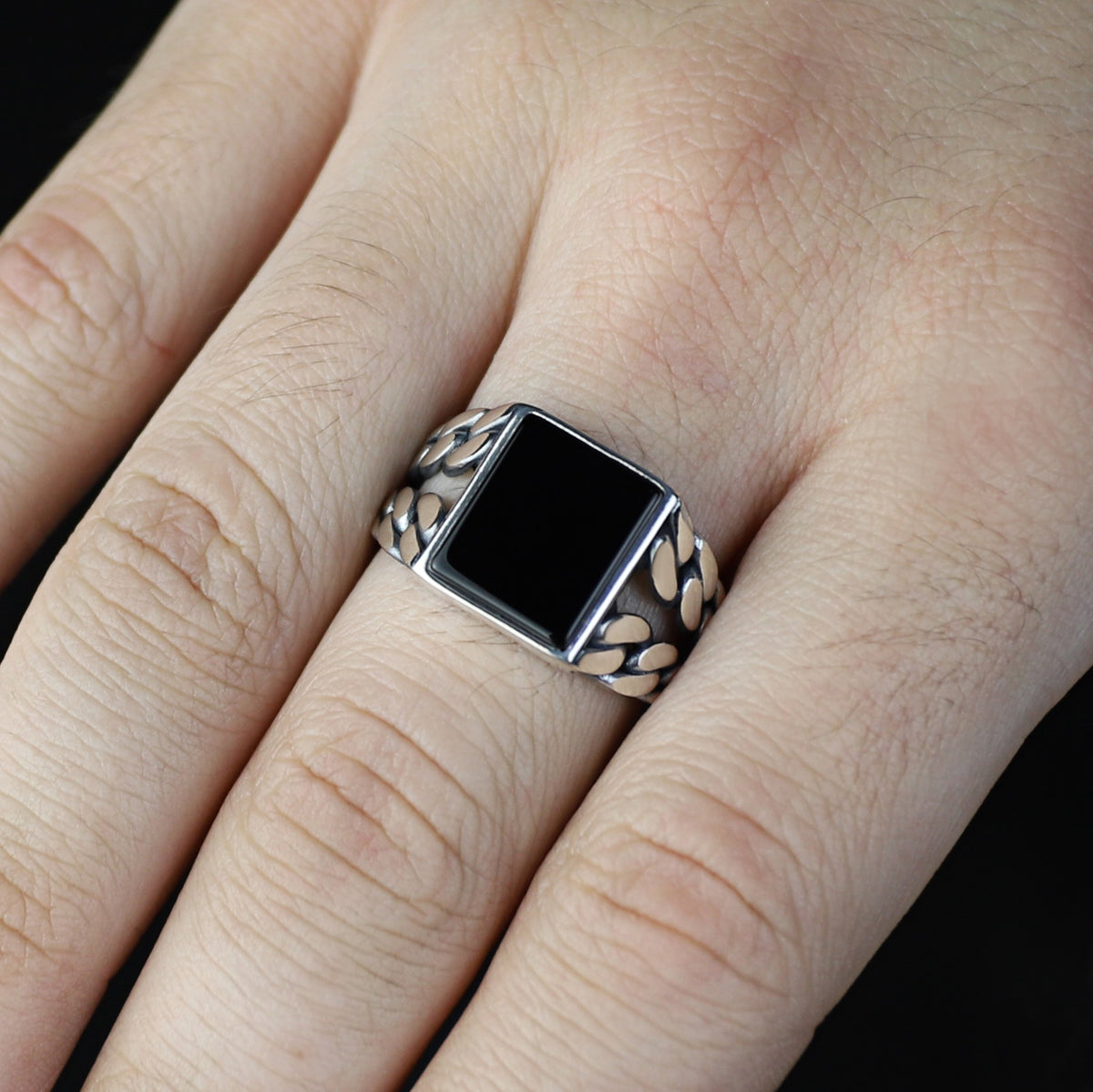 Men Solid Silver Square Black Onyx Gemstone Handmade Ring
