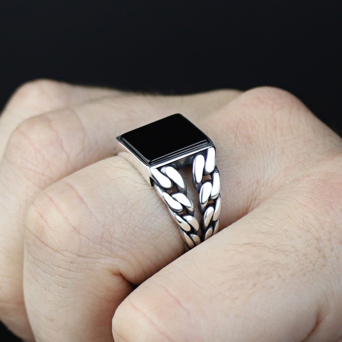 Men Solid Silver Square Black Onyx Gemstone Handmade Ring