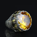 925 Sterling Silver Round Citrine Yellow Gemstone Solomon Signet Ring, King Solomon Signet Ring
