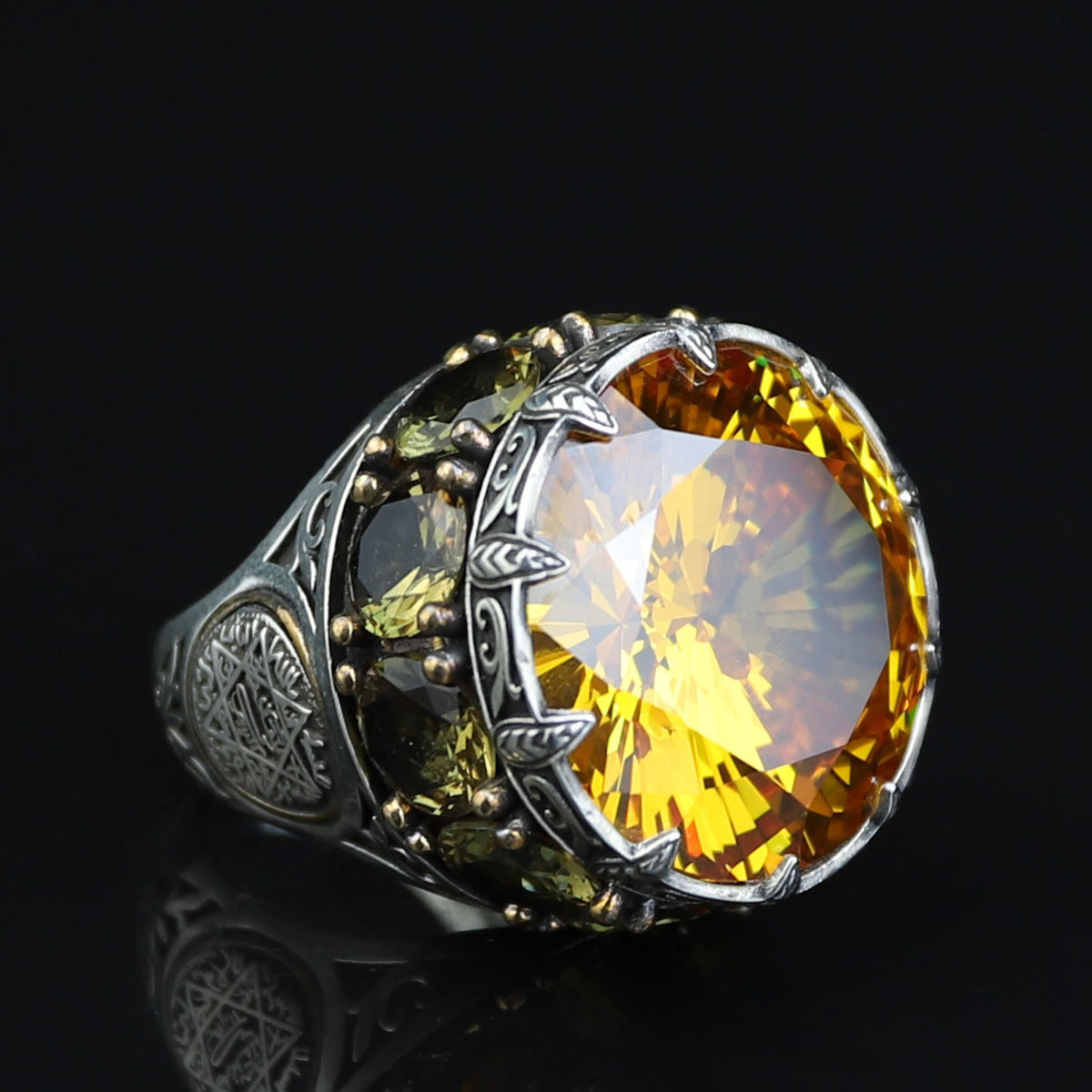 925 Sterling Silver Round Citrine Yellow Gemstone Solomon Signet Ring, King Solomon Signet Ring