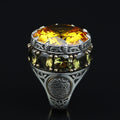 925 Sterling Silver Round Citrine Yellow Gemstone Solomon Signet Ring, King Solomon Signet Ring
