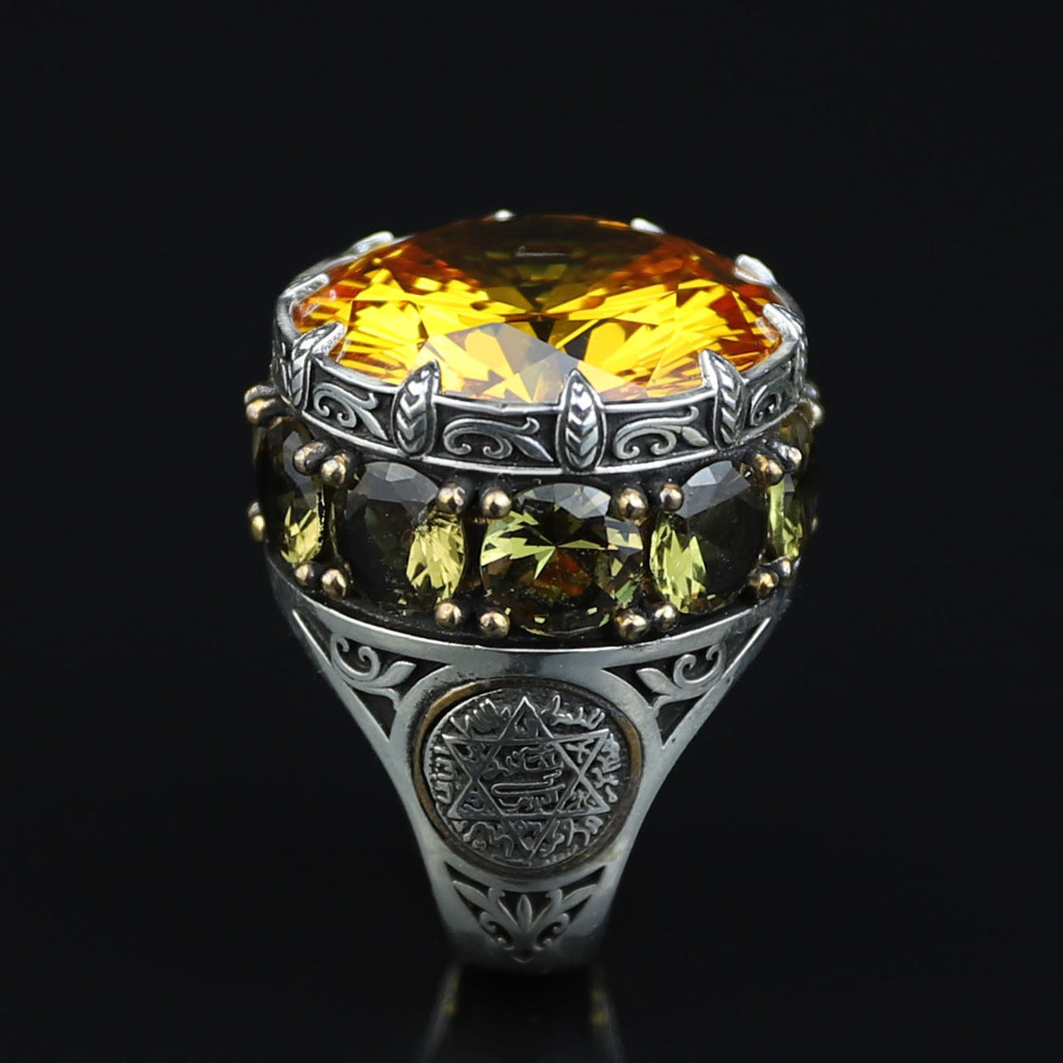 925 Sterling Silver Round Citrine Yellow Gemstone Solomon Signet Ring, King Solomon Signet Ring