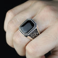 Men Solid Silver Engraved Black Onyx Stone Ring