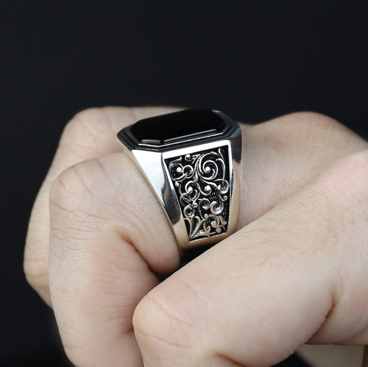 Men Solid Silver Engraved Black Onyx Stone Ring
