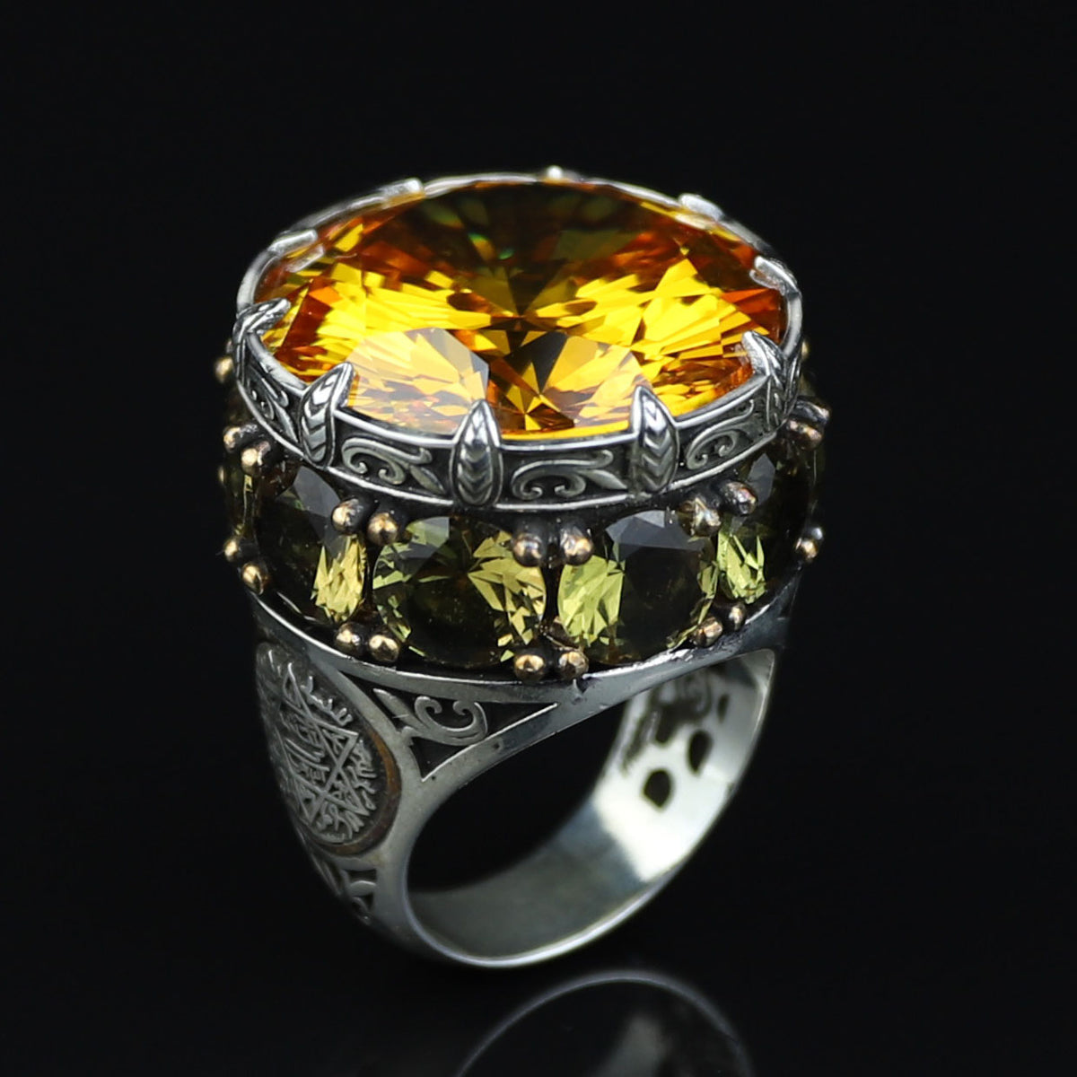 925 Sterling Silver Round Citrine Yellow Gemstone Solomon Signet Ring, King Solomon Signet Ring