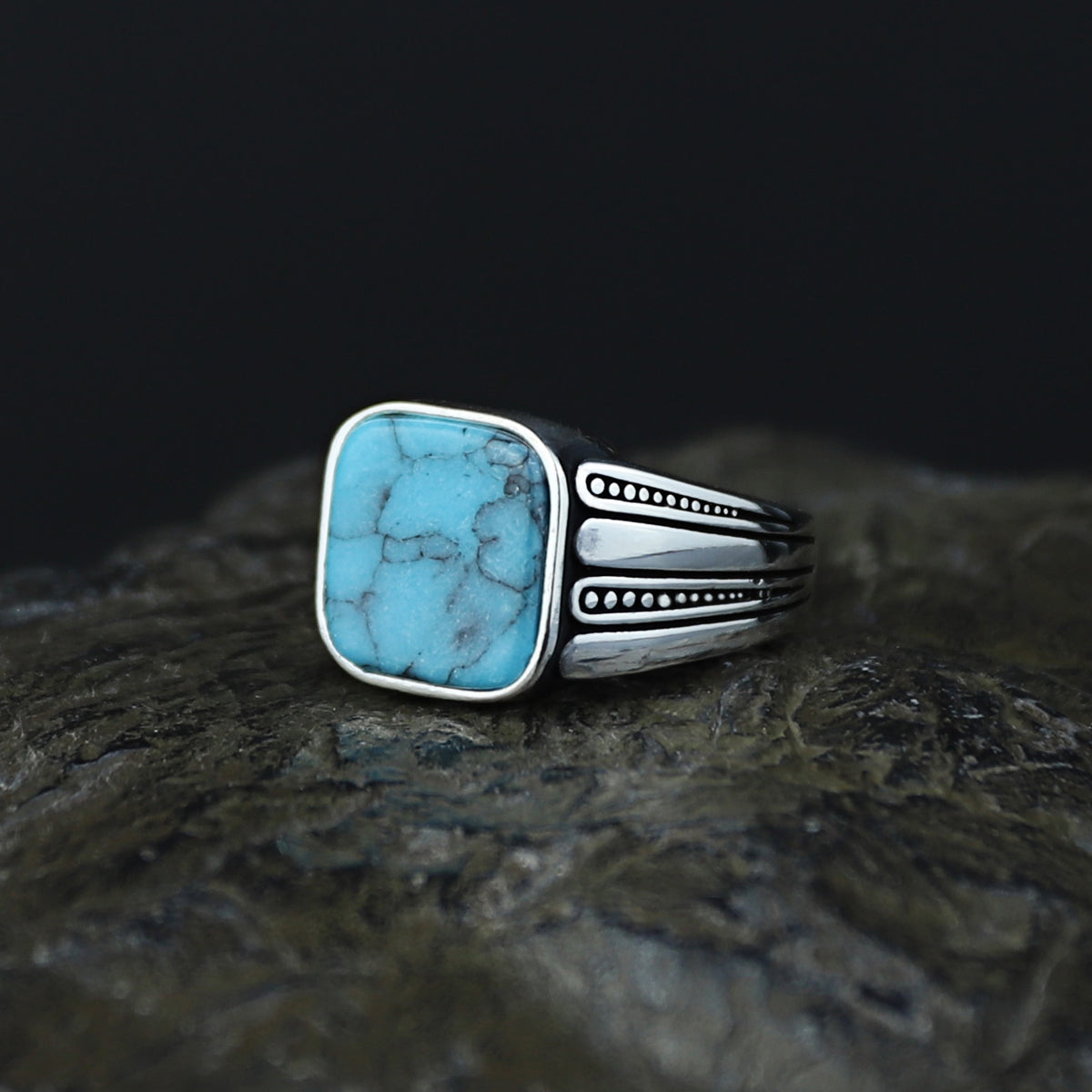 Men Silver Square Turquoise Gemstone Handmade Ring