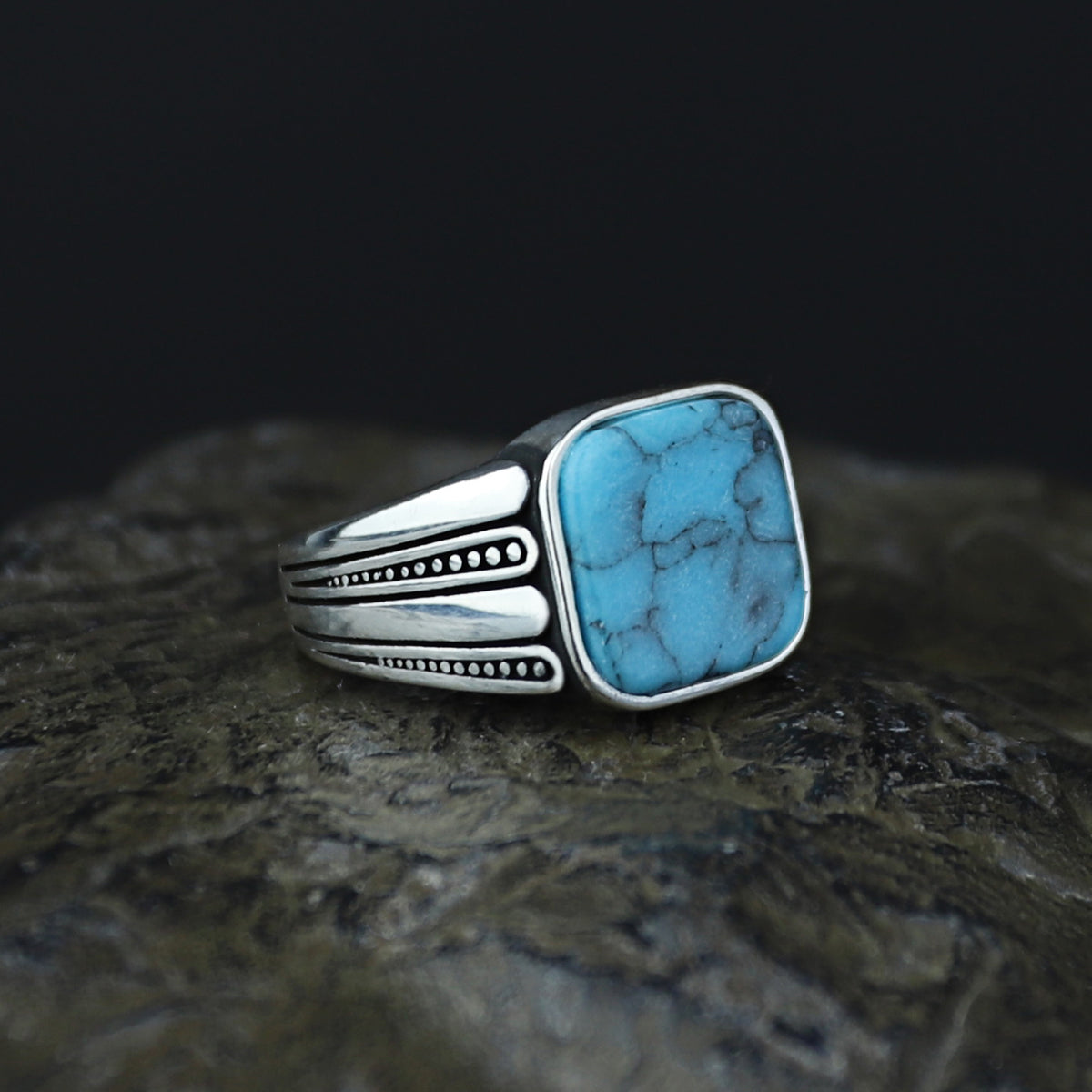 Men Silver Square Turquoise Gemstone Handmade Ring