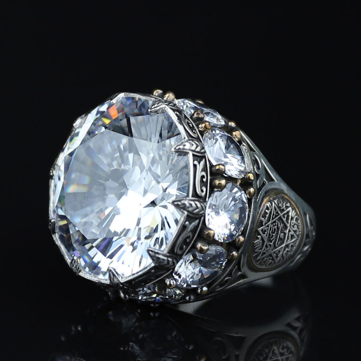 925 Sterling Silver White Diamond Gemstone Solomon Signet Ring, King Solomon Signet Large Ring, 925 Sterling Silver