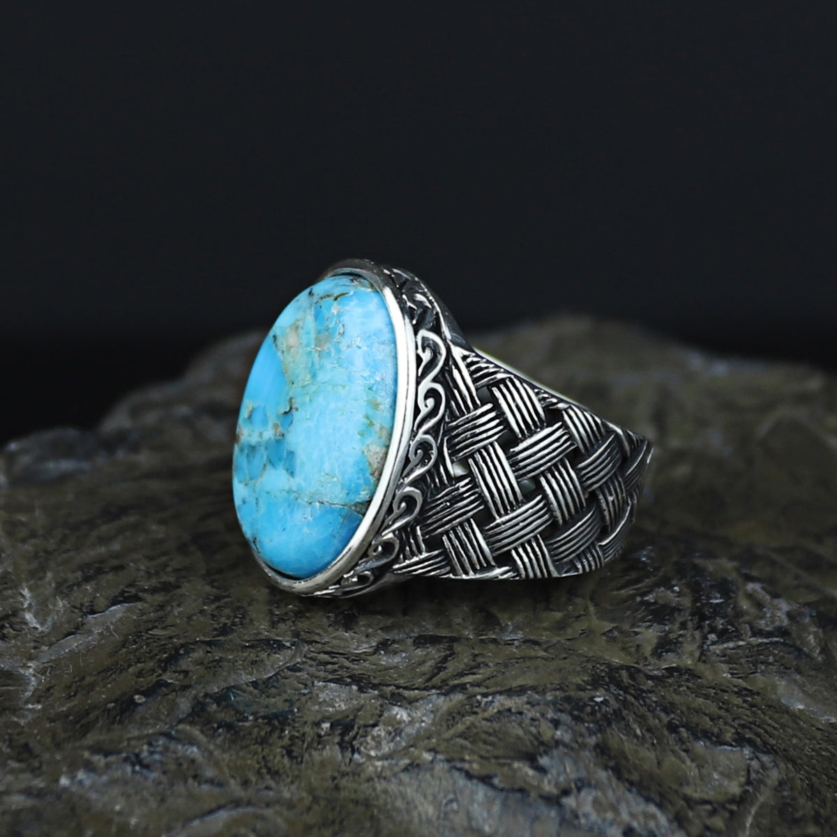 Men Handmade Knitted Natural Turquoise Gemstone Ring