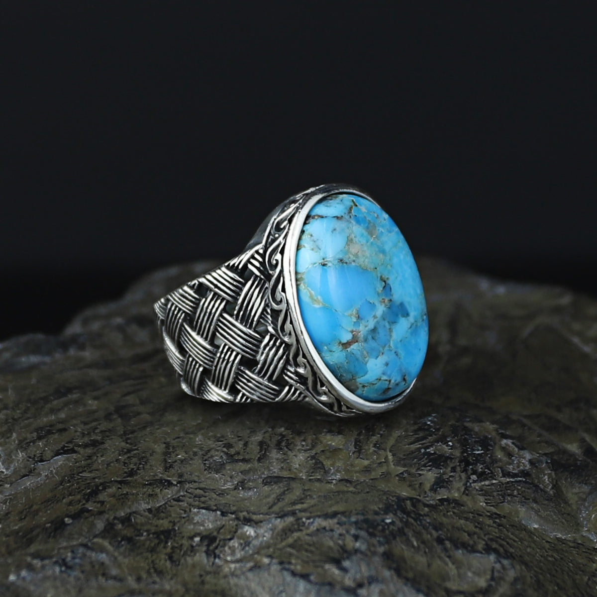 Men Handmade Knitted Natural Turquoise Gemstone Ring