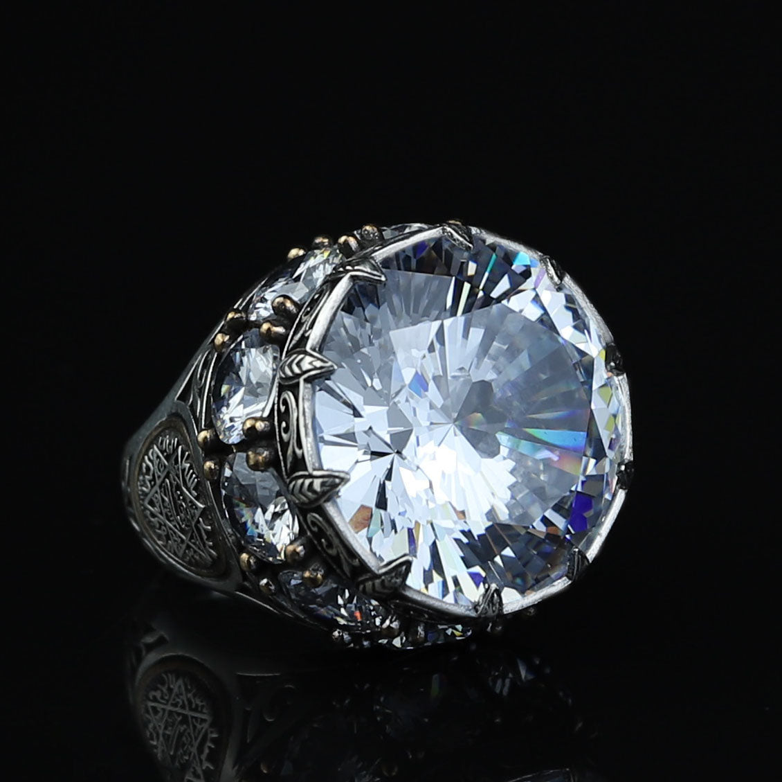 925 Sterling Silver White Diamond Gemstone Solomon Signet Ring, King Solomon Signet Large Ring, 925 Sterling Silver