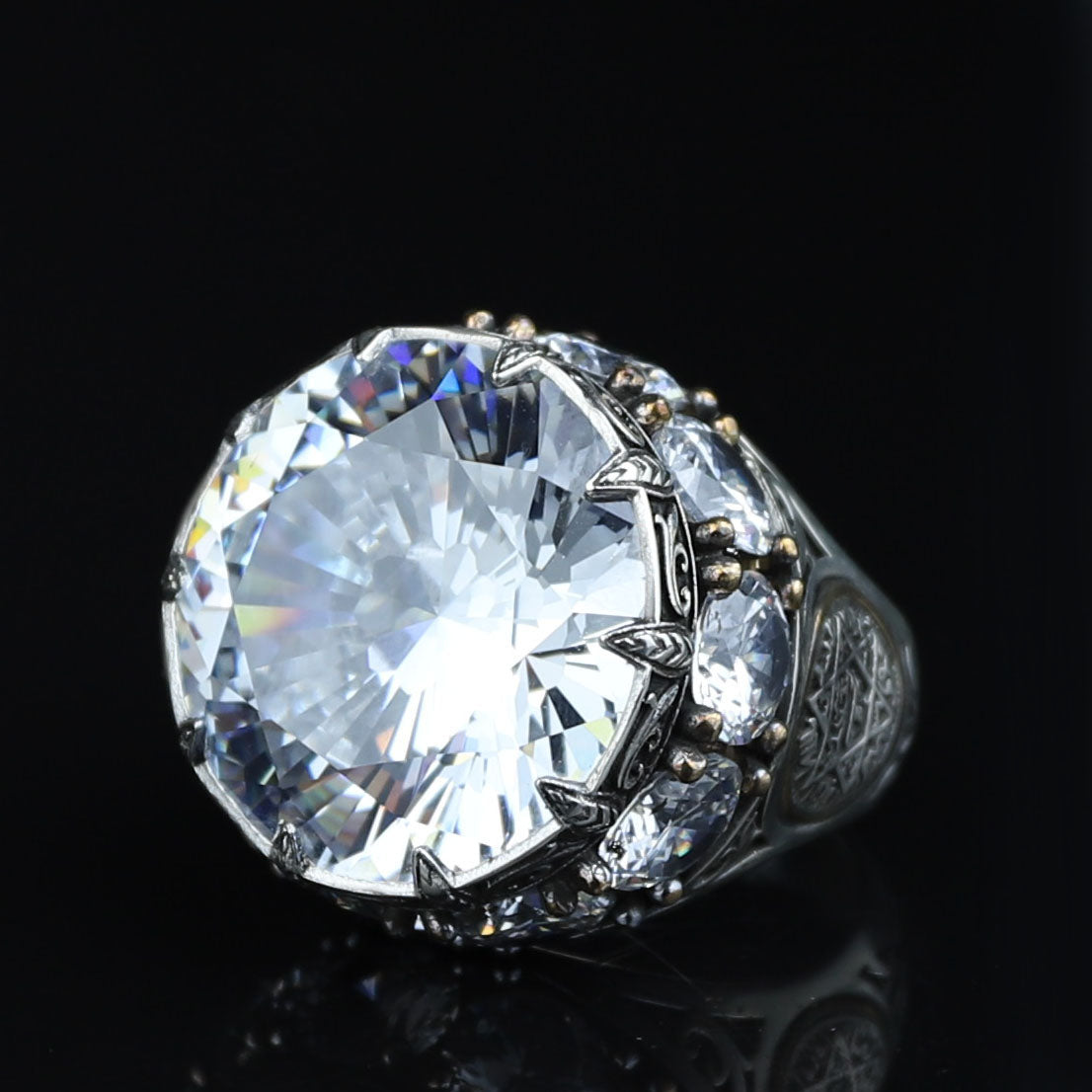 925 Sterling Silver White Diamond Gemstone Solomon Signet Ring, King Solomon Signet Large Ring, 925 Sterling Silver