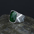 Men Handmade Engraved Green Square Gemstone Ring