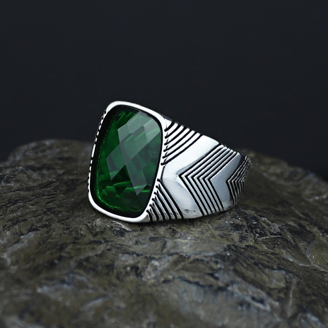 Men Handmade Engraved Green Square Gemstone Ring