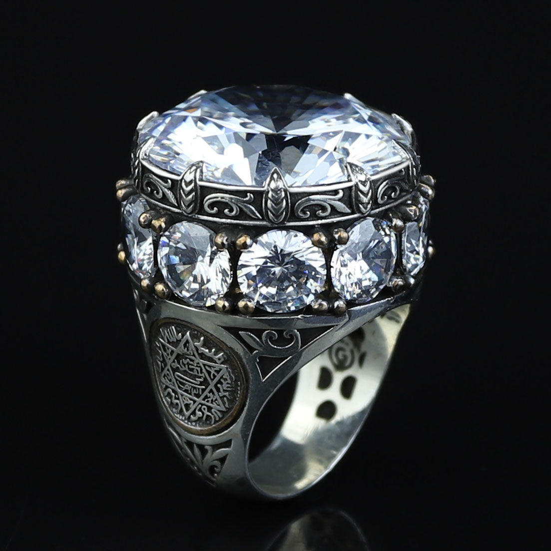925 Sterling Silver White Diamond Gemstone Solomon Signet Ring, King Solomon Signet Large Ring, 925 Sterling Silver